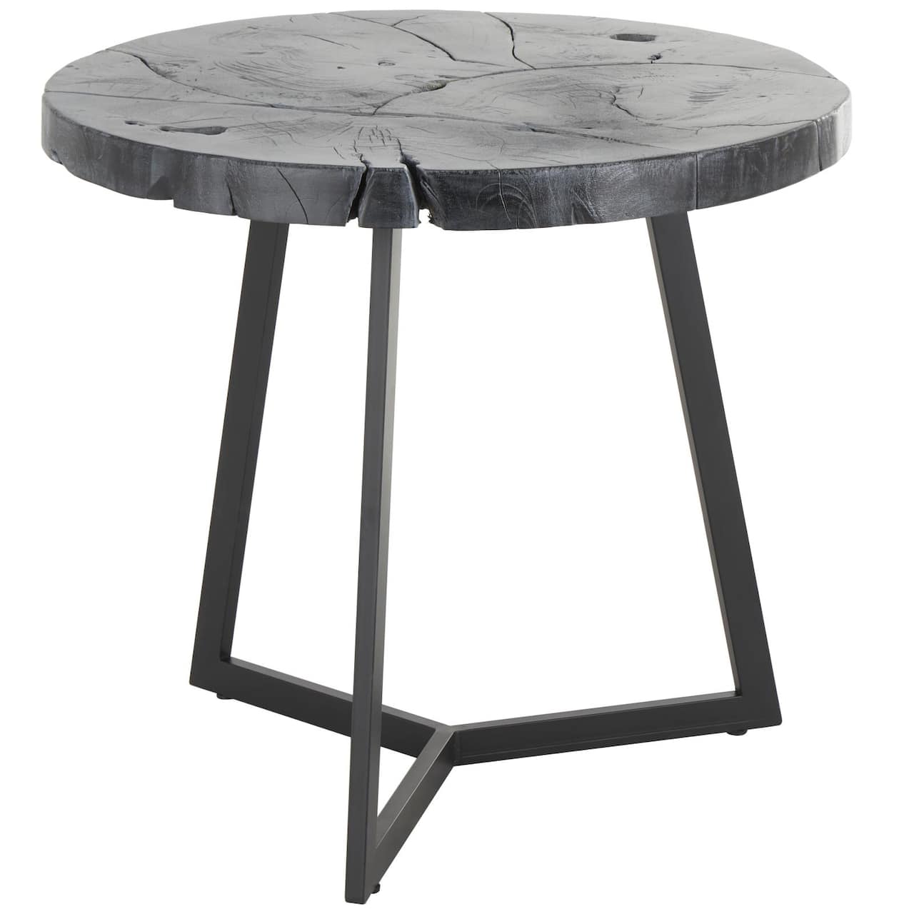 21.5" Black Teak Wood Handmade Live Edge Accent Table with Black Metal Base